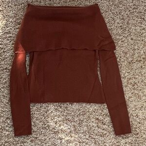 Marled Brown Off-the-Shoulder Long Sleeve Top | Folded Neckline | Size Small